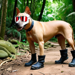 **

A cute Thai breed dog (like a Thai Bangkaew Dog or Thai Ridgeback) happily wearing durable, outdoor-style dog boots while hiking in a lush, green Thai forest. Focus on the boots protecting the dog's paws amidst rocks and foliage, emphasizing safety and adventure. Bright, natural lighting.

**