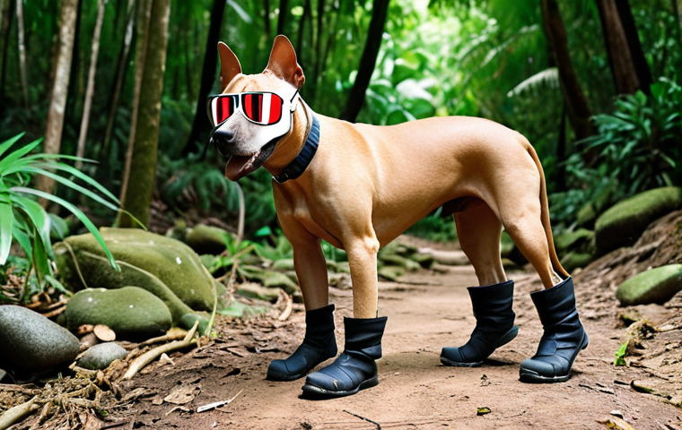 **

A cute Thai breed dog (like a Thai Bangkaew Dog or Thai Ridgeback) happily wearing durable, outdoor-style dog boots while hiking in a lush, green Thai forest. Focus on the boots protecting the dog's paws amidst rocks and foliage, emphasizing safety and adventure. Bright, natural lighting.

**